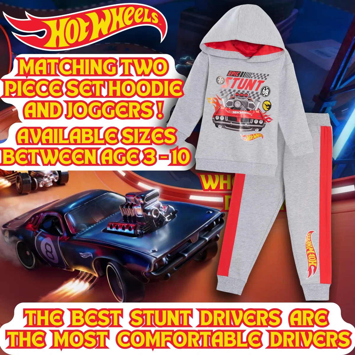 Hot Wheels 2 Pz Tuta Completo, Felpa con Cappuccio e Pantaloni da Jogging per Bimbo