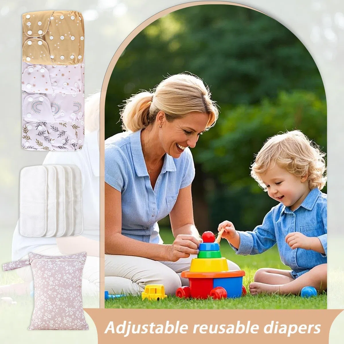 Pannolini riutilizzabili per, pannolini lavabili per, pannolini per bambini riutilizzabili regolabili, 4 fodere assorbenti e traspiranti, copertura impermeabile con 4 inserti e 1 borsa