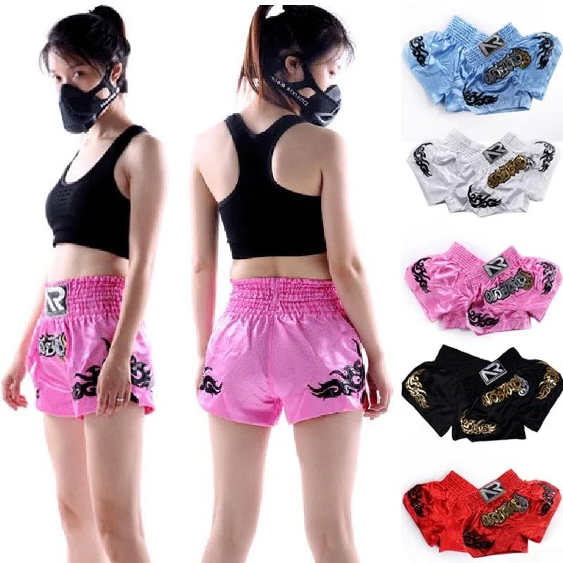 Zilimontt Pantaloncini da boxe, da donna, per kickboxing, MMA, Muay Thai, pantaloncini da allenamento per bambini, pantaloncini elastici in vita per kickboxing (L nero)