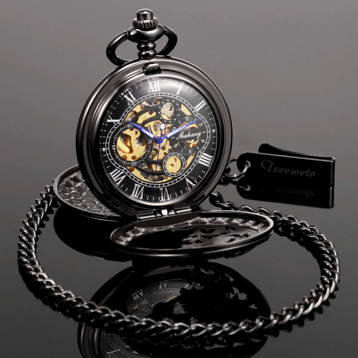 TREEWETO Orologio da tasca meccanico da uomo, con scheletro, drago e scheletro, con doppia apertura, argento/bronzo/nero, custodia da uomo