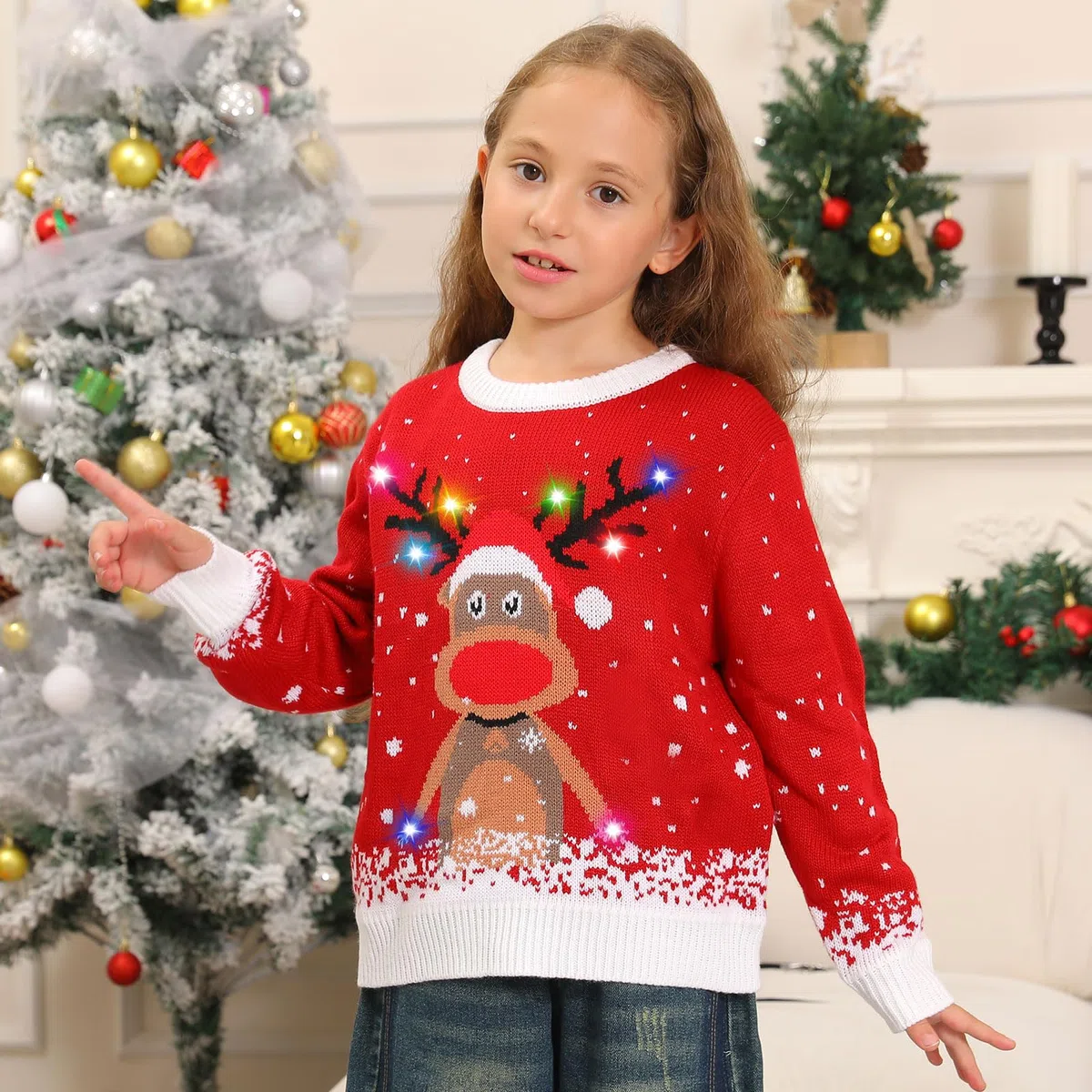 Maglione Natalizio Bambino con Luci, Maglioni Natalizi Bambini Divertenti, Girocollo Maglioncino Natalizio Famiglia Led Ugly Christmas Sweater,Brutti Maglioni di Natale per Bimbo/Bimba/Ragazza/Ragazzo