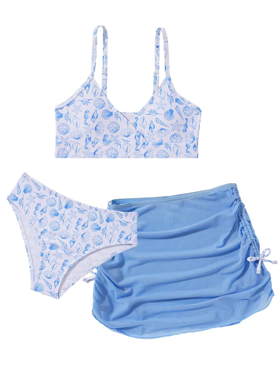 SEAUR Bikini da bambina con gonna, 3 pezzi, costume da bagno imbottito, per adolescenti, alla moda, stampato, costume da bagno per bambini, 120-170 cm