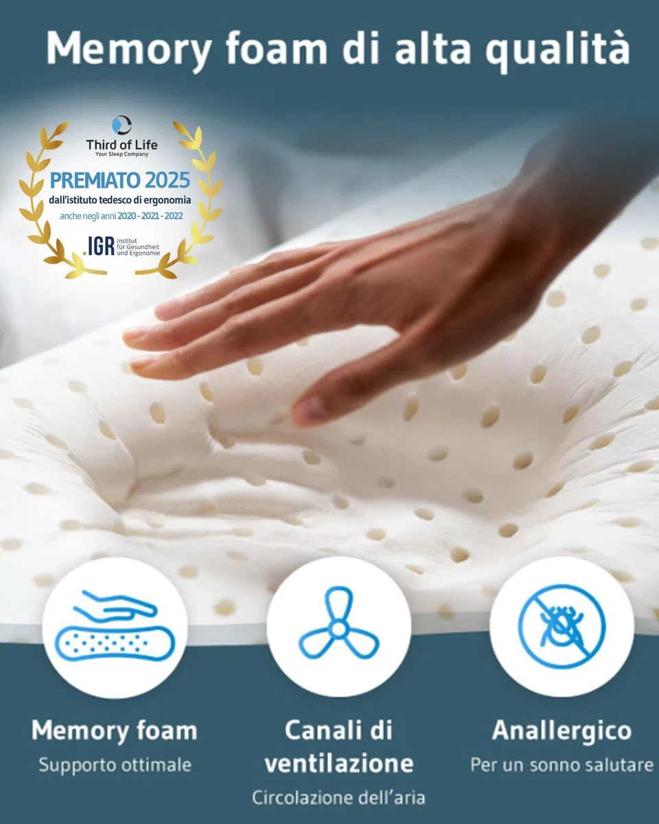 Third of Life VOLAR Cuscino da viaggio in memory foam, Piccolo cuscino cervicale ergonomico e ortopedico, Federa termoregolante, Poggiatesta per viaggiare o per dormire in campeggio, 40x25x10cm