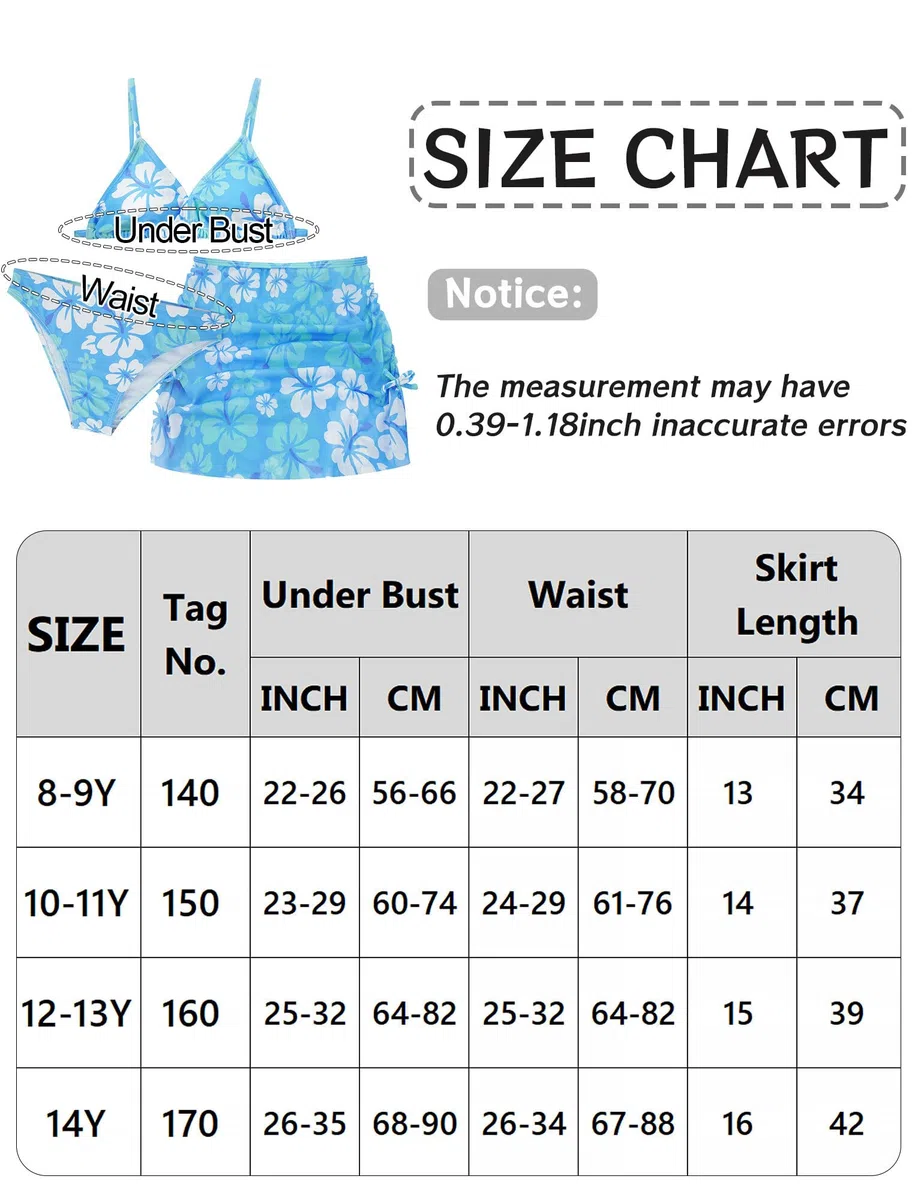 SEAUR Bikini da bambina con gonna, 3 pezzi, costume da bagno stampato, costume da bagno imbottito, per 140-170 cm