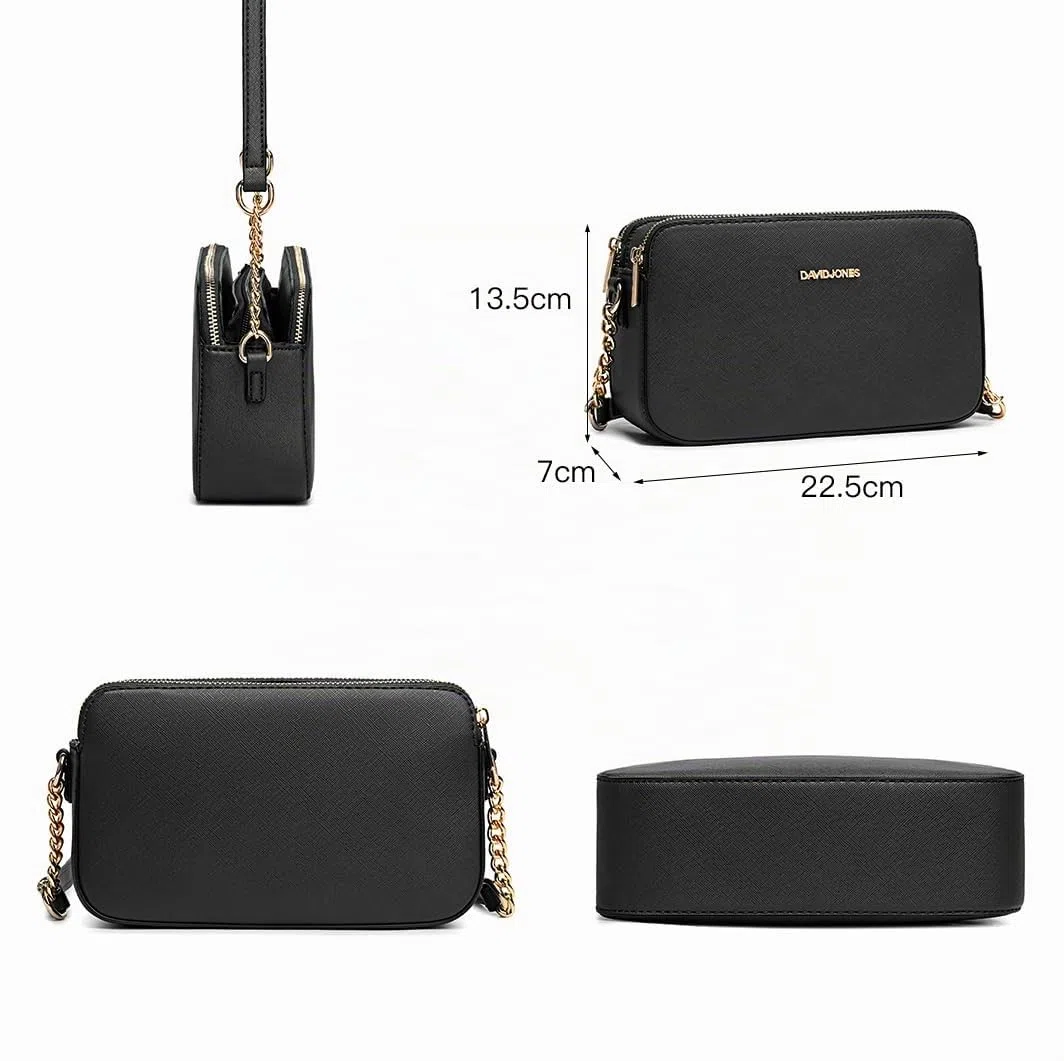 David Jones - Borsa a Tracolla Piccola Donna - Borsa a Mano Spalla Telefono Pelle PU Rigida - Borsetta 3 Scomparti Tasche - Clutch Crossbody Bag Moda Noche Sera - Nero