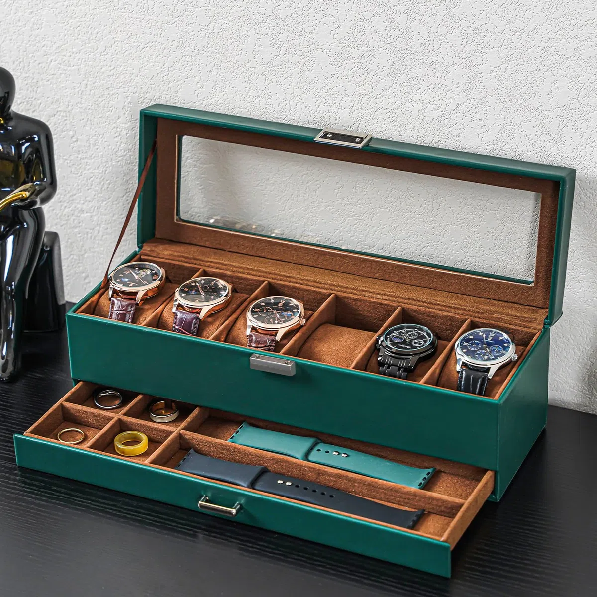 ProCase Scatola per orologi con 6 scomparti, con coperchio in vetro, 2 livelli, con cuscino rimovibile, per gioielli, anelli, bracciali e collane, colore verde