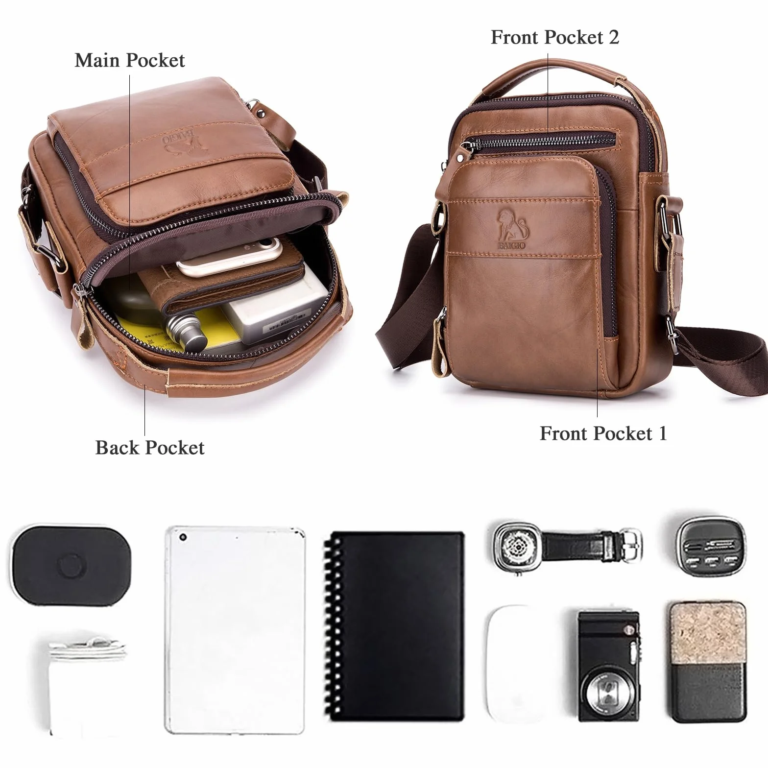 BAIGIO Borsello Uomo Pelle, Borsa a Tracolla Piccola Borsa da Uomini in Vera Pelle Casuale Borse Messenger per iPad iPhone e Viaggio Attività Commerciale