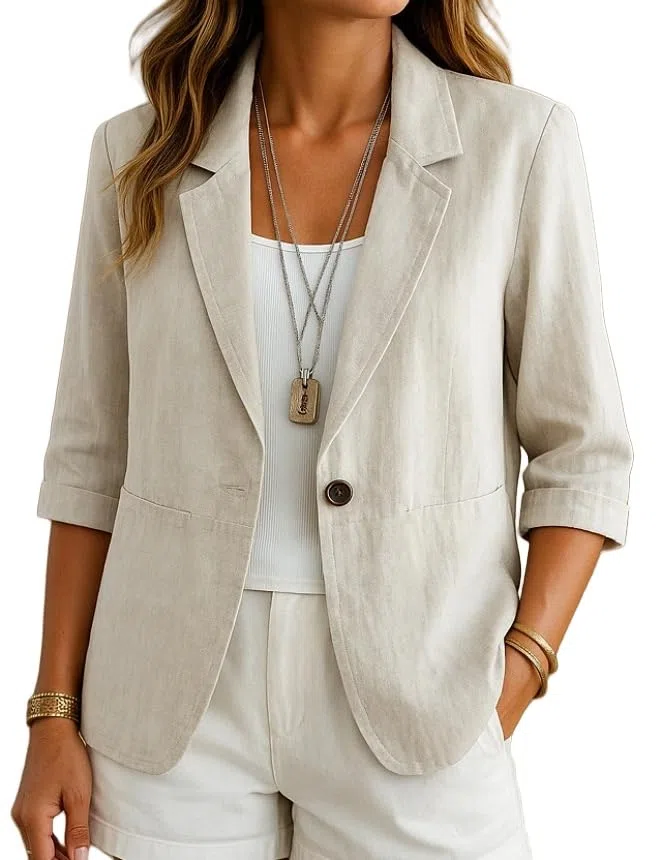 Blazer per Le Donne Completo da Donna in Lino E Cotone Cardigan Aperto sul Davanti Maniche A 3/4 Casual da Lavoro da Ufficio Elegante Leggero Estivo con Tasche A Filetto Singole