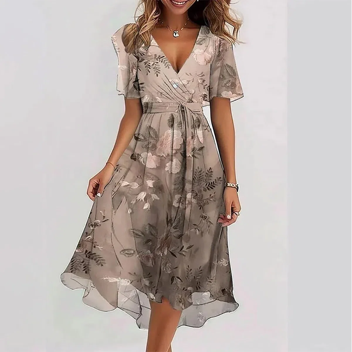 Abito estivo da donna, lunghezza al ginocchio, elegante, a maniche corte, da spiaggia, per il tempo libero, con scollo a V, abito da spiaggia in chiffon, abito da sera casual, abito da sera leggero e