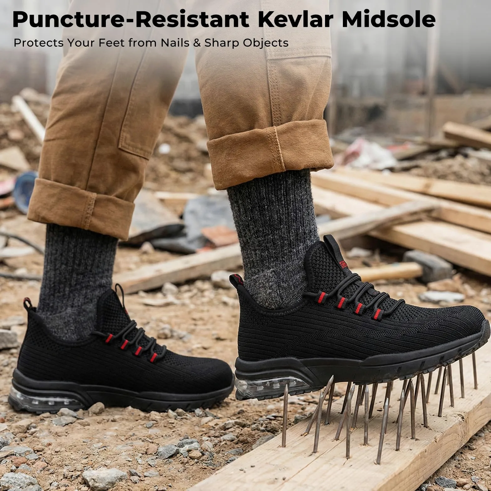 SPIEZ Scarpe Antinfortunistiche Unisex, Zapatillas da Lavoro Leggere con Punta Compositi, Antiscivolo e Ammortizzazione d'Aria, Nero/Rosso, EU 36-46