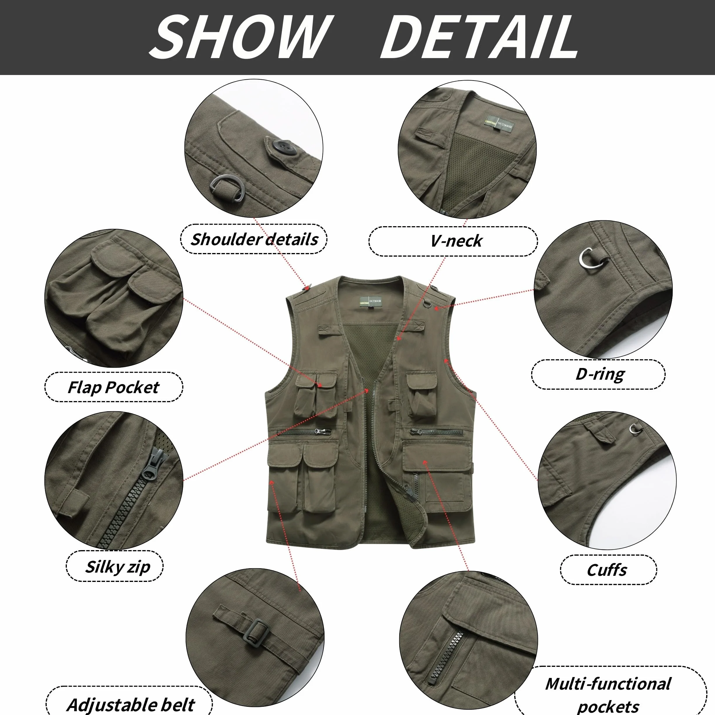 Uomo All'aperto Gilet Multi-Tasca di Cotone, Casual Leggero Traspirante Senza Maniche Fotografi Utility per Pesca Campeggio Sport