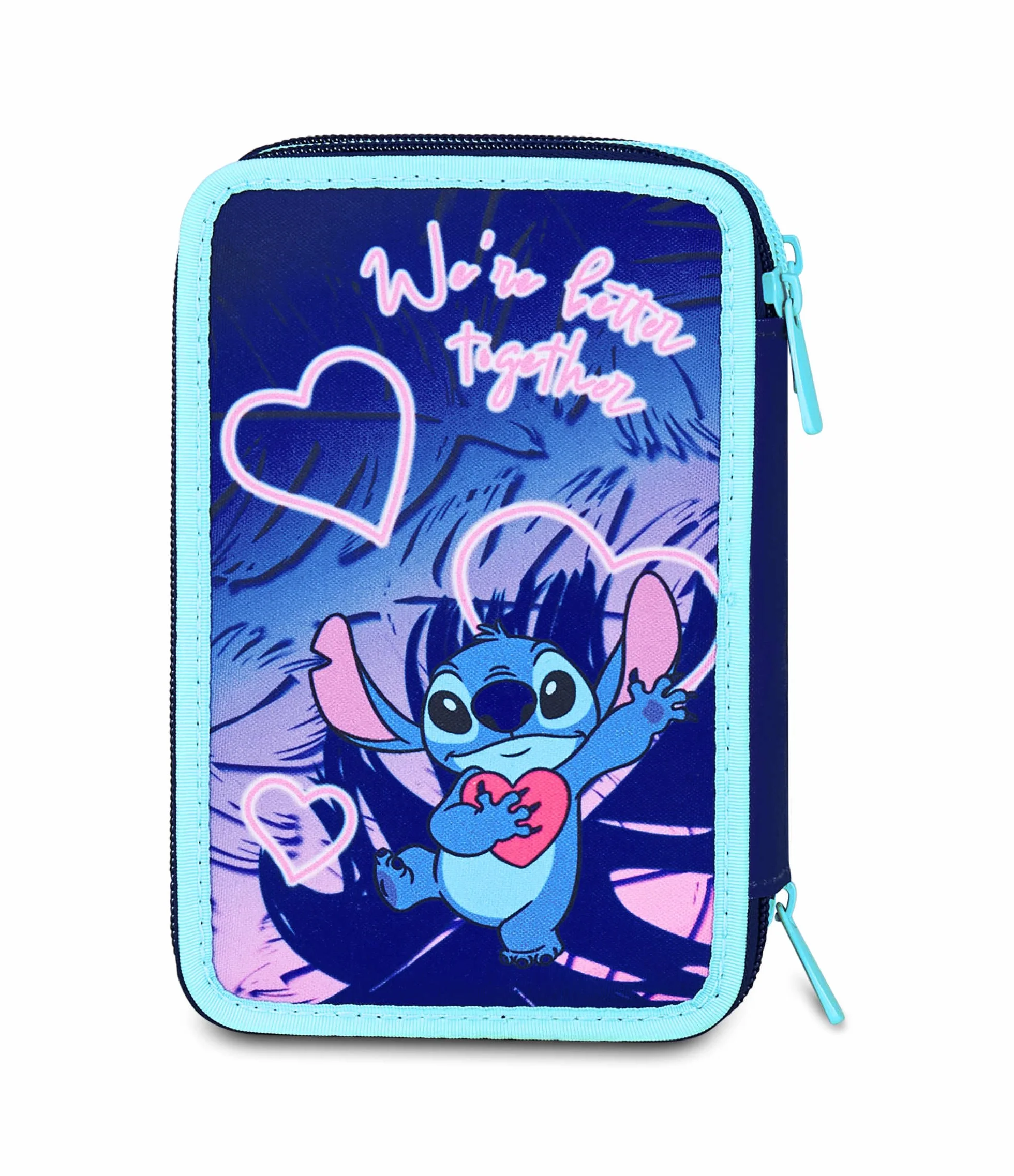 Seven Astuccio Lilo & Stitch Scuola 3 Zip, Celeste e Rosa, Portapenne Triplo Scomparto Completo Di Penne, Matite, Colori, Scuole Elementari, Bambina