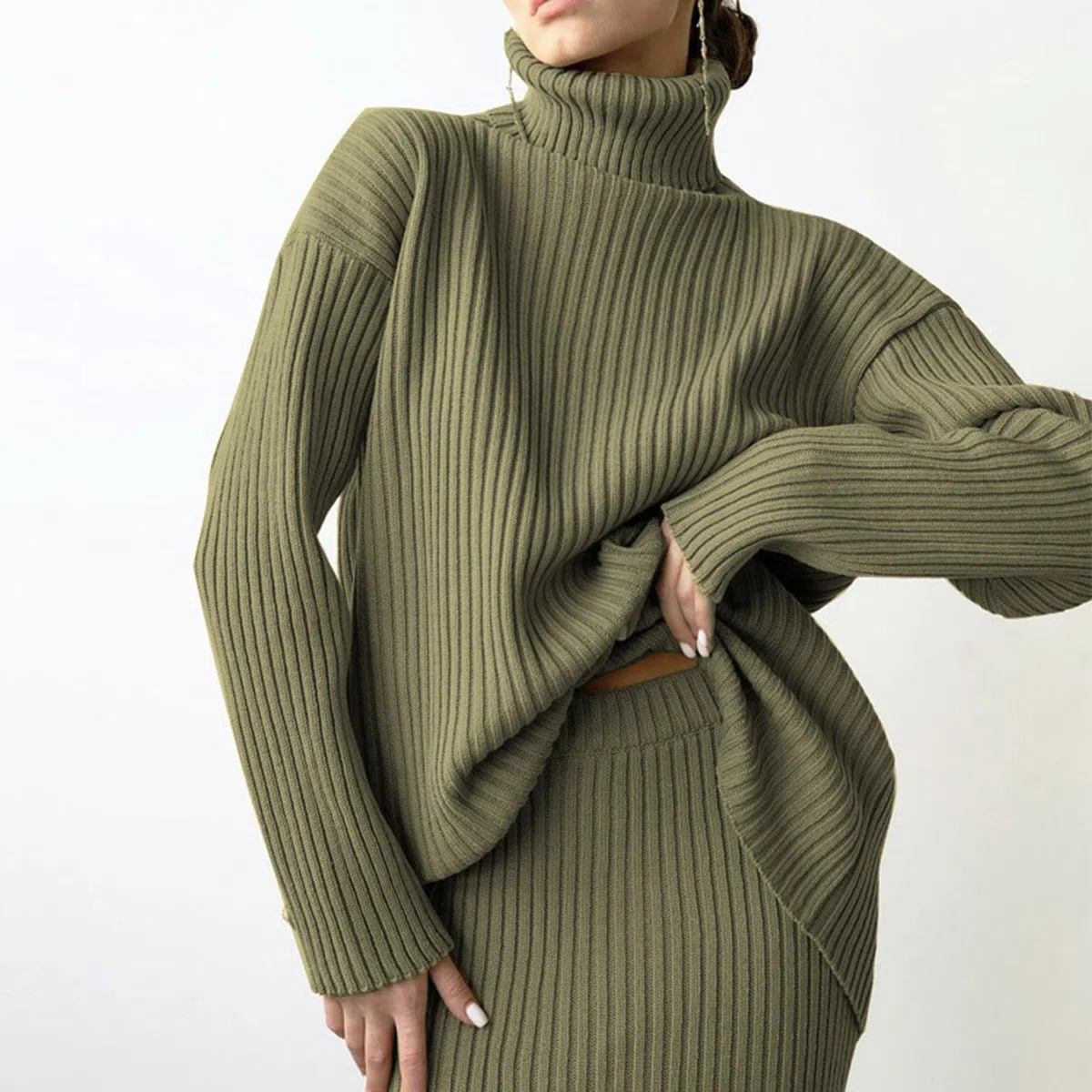 Maglione Due Pezzi da Donna Set Gonna Lavorata A Maglia Top A Coste 2 Pezzi Gonne Abiti Aderenti Gonna Midi Maniche Lunghe Set Maglione Lavorato A Maglia Completo per Il Tempo Libero