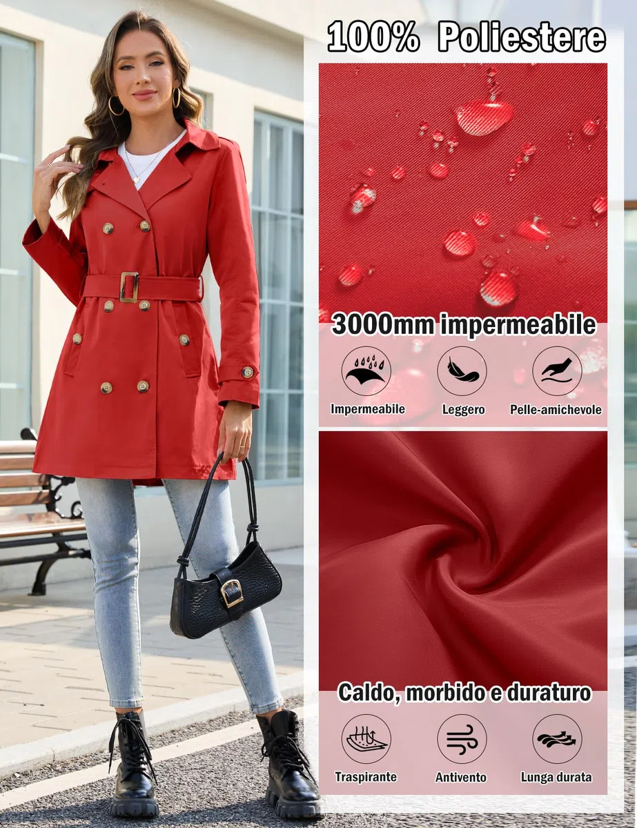 Yuson Girl Trench Donna Doppiopetto Cappotto Classico Trench Impermeabile con Cappuccio Leggero Parka Windbreaker Giacche Primaverile Autunnale Antivento Trenchcoat con Cintura