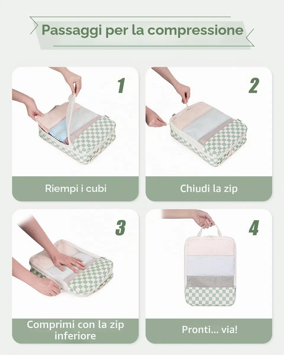 Narwey Organizer Valigia 6 Pezzi Packing Cubes Compression, Organizer Valigia Viaggio Compressione Salvaspazio, Viaggio Accessori Utili per Vestiti Scarpe Deposito (Checker Combined)