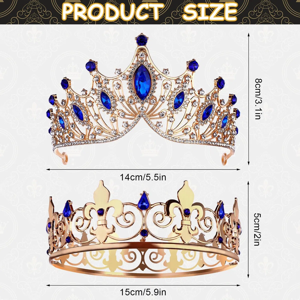 Set di 2 corone da ballo per re e regina da uomo, corona reale con strass blu, corone da donna, tiara, copricapo, per matrimoni, Halloween, feste di ritorno a casa, decorazioni per feste