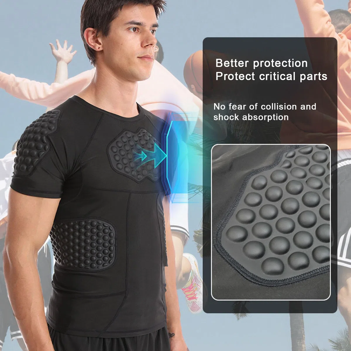 Hotfiary Uomo Imbottito Camicia di Compressione per Il Calcio Paintball Baseball Basket, 6-Pads Manica Corta Calcio Costola Petto Protettore, Calcio Protettivo Gear Cuore Guardia Protezione Sterno