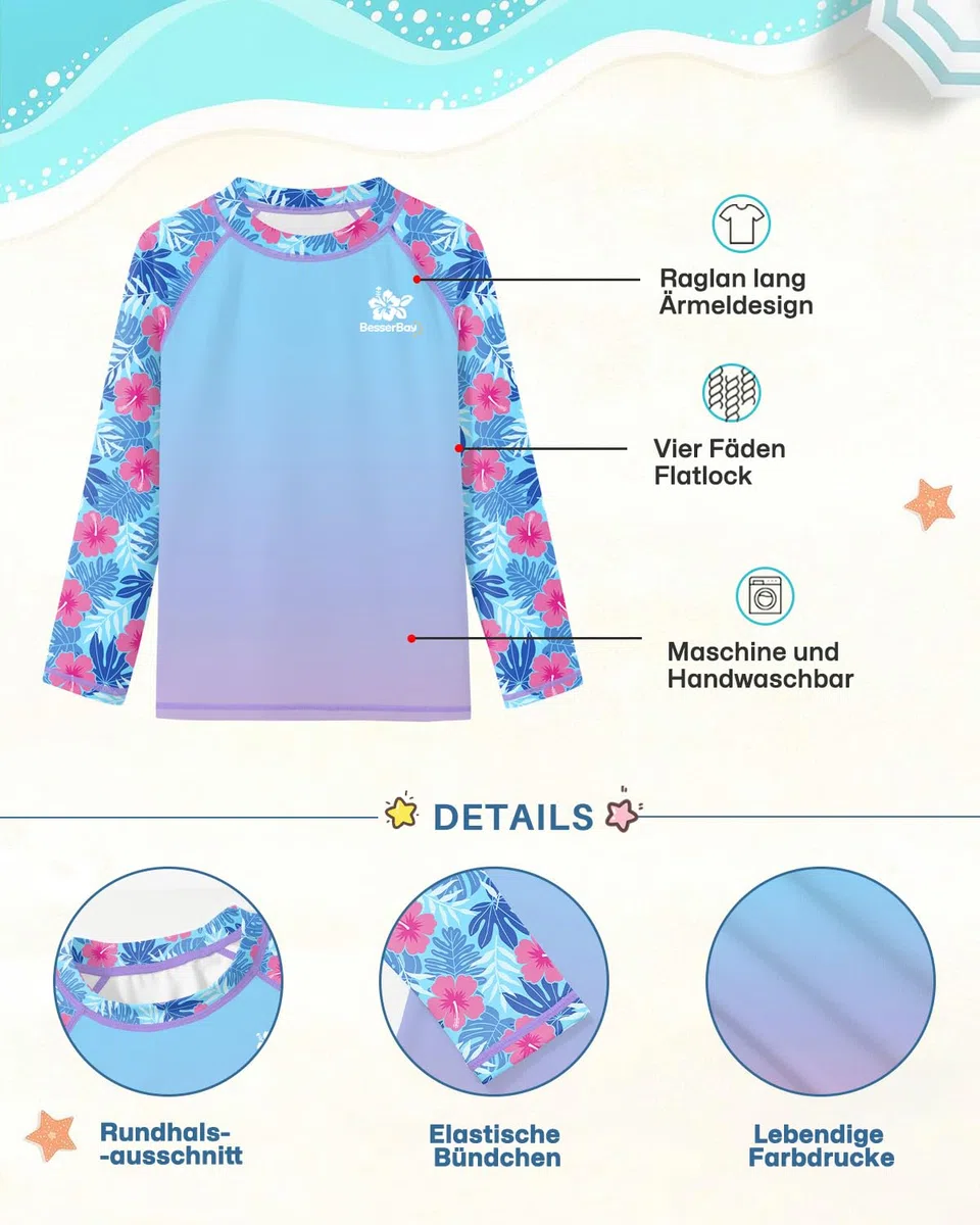BesserBay 110-150 - Maglietta a maniche lunghe da ragazza, Rash Guard