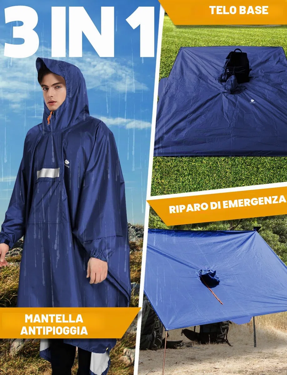 ANYOO Impermeabile Poncho Pioggia Riutilizzabile Multiuso Impermeabile con Cappuccio Packable Telo Riparo a Terra Foglio Ideale per Campeggio all'aperto Pesca Sopravvivenza,Taglia Unica