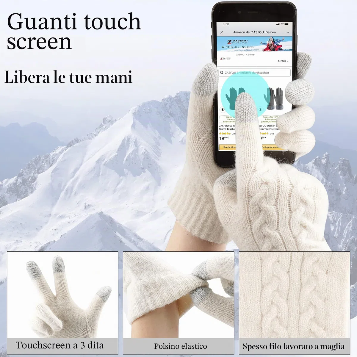 ZASFOU Donna Cappello Invernale Sciarpa Guanti Touch Screen Set Caldo Pile Foderati in Maglia Berretto Cappelli Sciarpe Lunghe Guanto Regalo per Donna Compleanno Natale