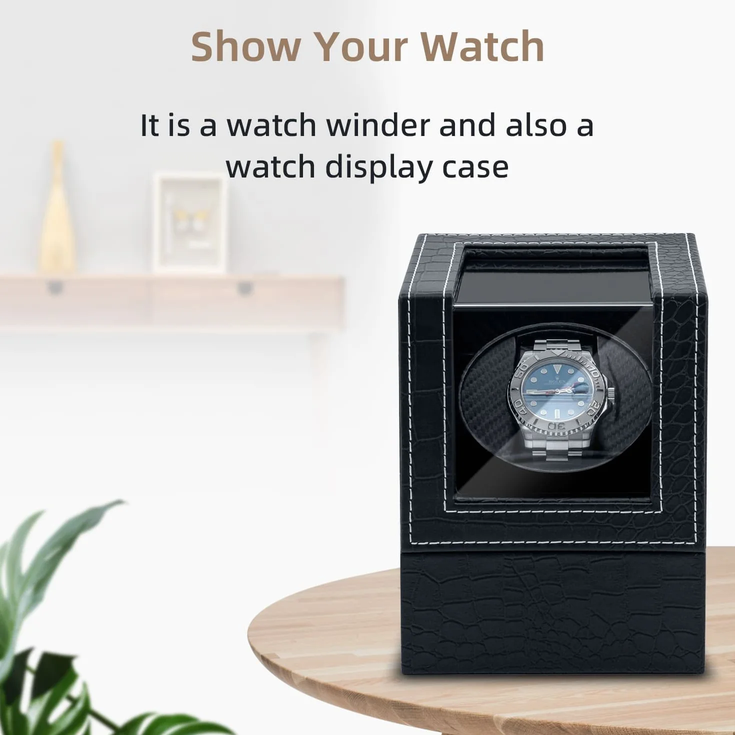 Mcbazel Scatola Carica Orologio Automatici, Scatola Avvolgitore per orologi 1 Slot Crocodile Pelle Pattern Accessori per Custodie per Orologi con Spina Europea - Nero