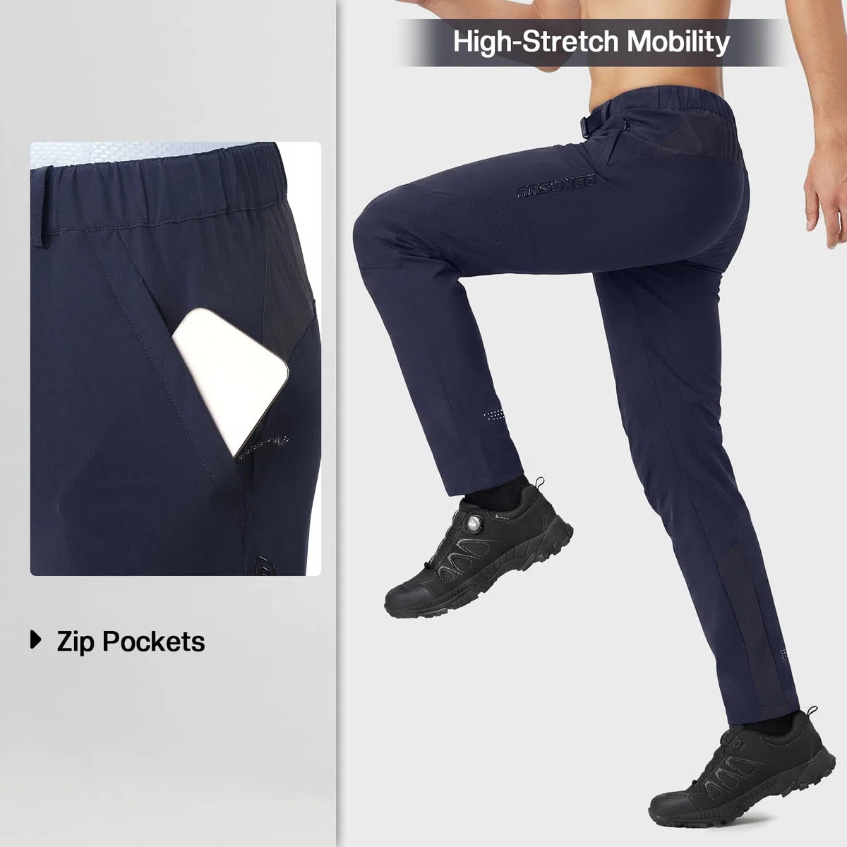ARSUXEO Pantaloni Sportivi Outdoor da Uomo, Pantaloni da Ciclismo con Tasche con Zip, Pantaloni per Escursionismo, Campeggio, Arrampicata e Corsa, G5