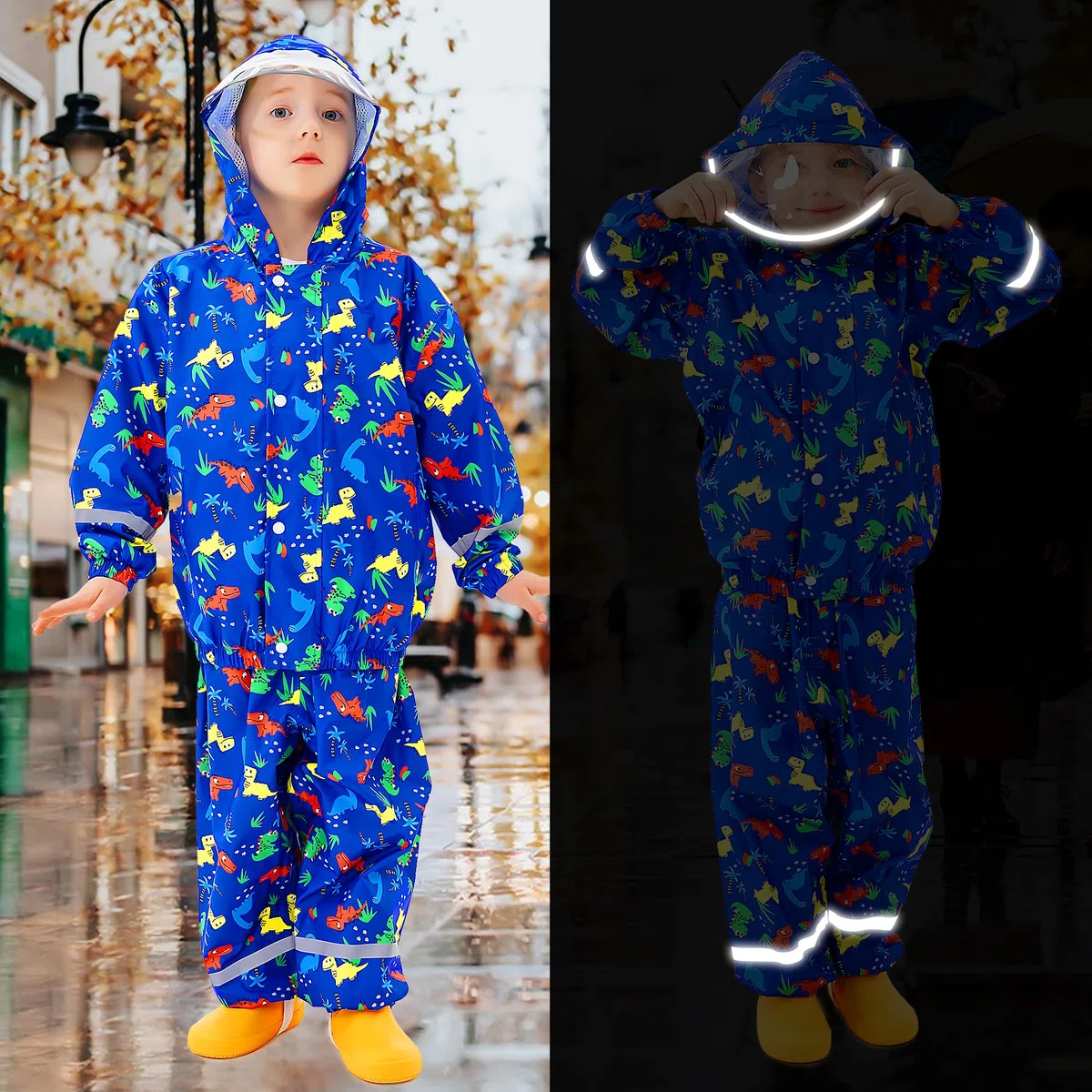 Tuta Impermeabile Bambino Bambina con Cappuccio Leggero Antipioggia Giacca & Pantaloni Impermeabili con Strisce Riflettenti Tuta Pioggia Completo Abbigliamento per Ragazze Ragazzi 1-7 anni