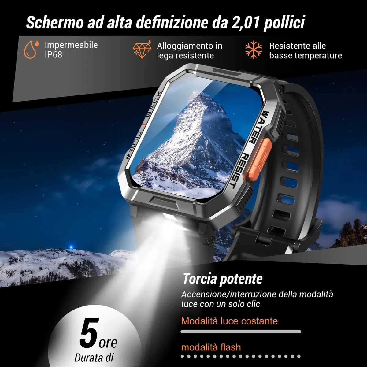 IOWODO Smartwatch Uomo,2.01“ Militari Smart Watch con Chiamate,Orologio Fitness Tracker con Torcia,100+ Modalità Sport Smart Watch con Contapassi/24H Cardiofrequenzimetro/Sonno per Android iOS