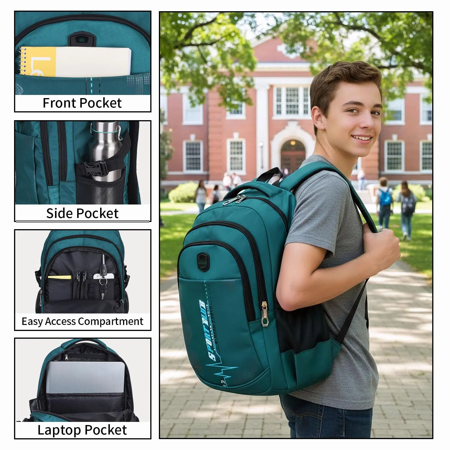 Zaini Scolastici per Studenti Bambini Borsa per Libri Zaino per Laptop Zaino Scolastico Zaino Casual da Giorno Zaino da Viaggio per Ragazzi Adolescenti, Verde scuro, 13 x 31 x 44.5 cm