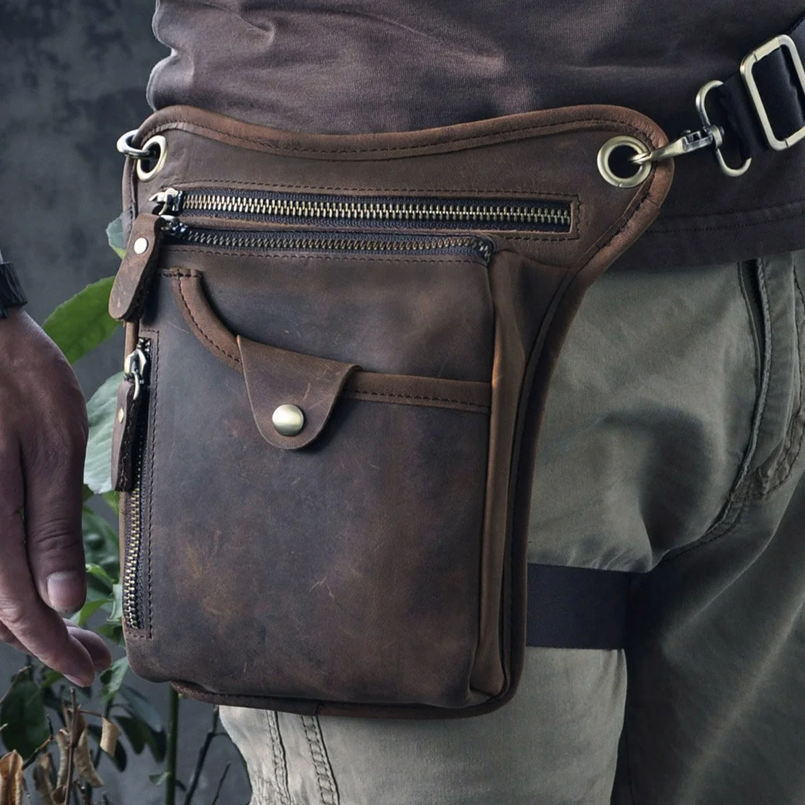 Le'aokuu Uomini Vera Pelle Marsupio per Moto Borsa a Tracolla Messenger a Spalla sacco di bum borsa dell'anca per gambe coscia 211-5