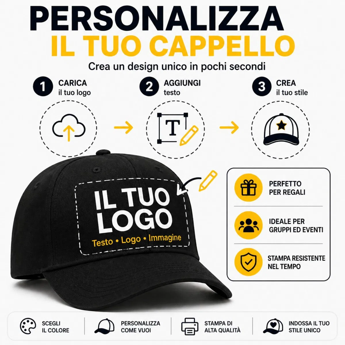 Cappello personalizzato - stampa il tuo cappello personalizzabile - 100% cotone - taglia unica - uomodonna - ideale per feste, regalo, scuola, gite e uso quotidiano.