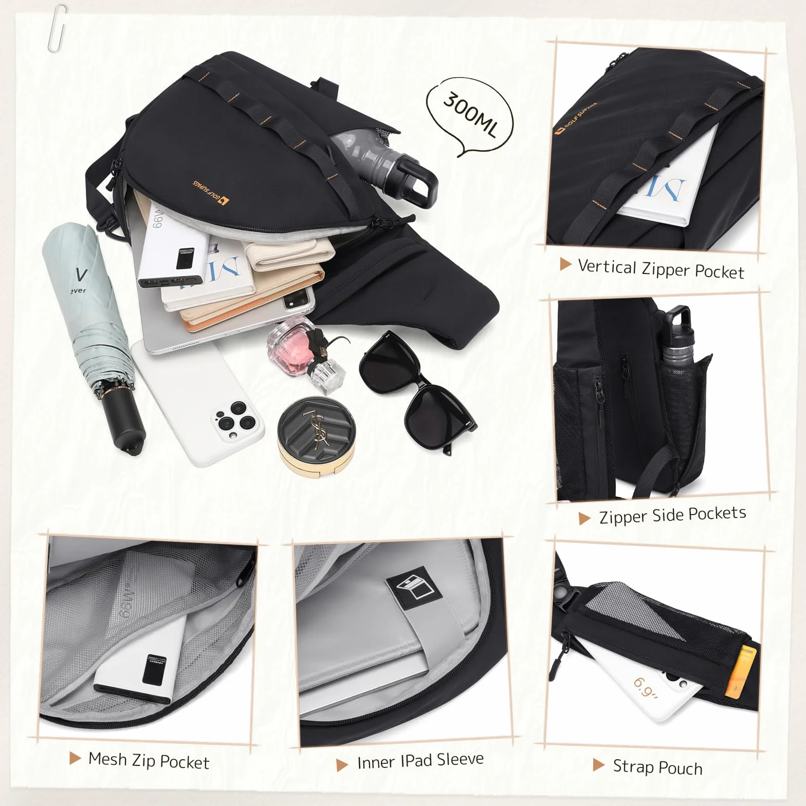 GOLF SUPAGS Zaino Monospalla Tattico Uomo Donna, Multifimzioni Zaini Petto, Leggero Borsa a Tracolla per Sport Viaggio Ciclismo Campeggio Escursionismo (Nero)