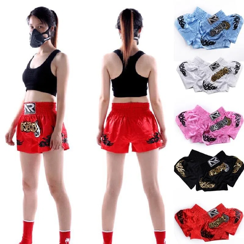 Zilimontt Pantaloncini da boxe, da donna, per kickboxing, MMA, Muay Thai, pantaloncini da allenamento per bambini, pantaloncini elastici in vita per kickboxing (L nero)