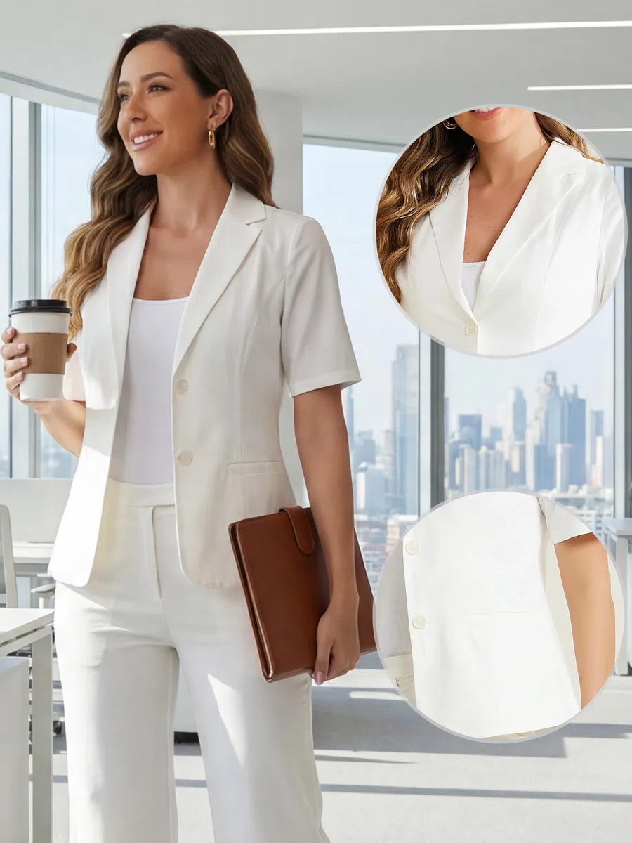 Allegra K Donna Blazer in Lino di Cotone per Giacca Blazer con Risvolto Dentellato A Maniche Corte da Ufficio