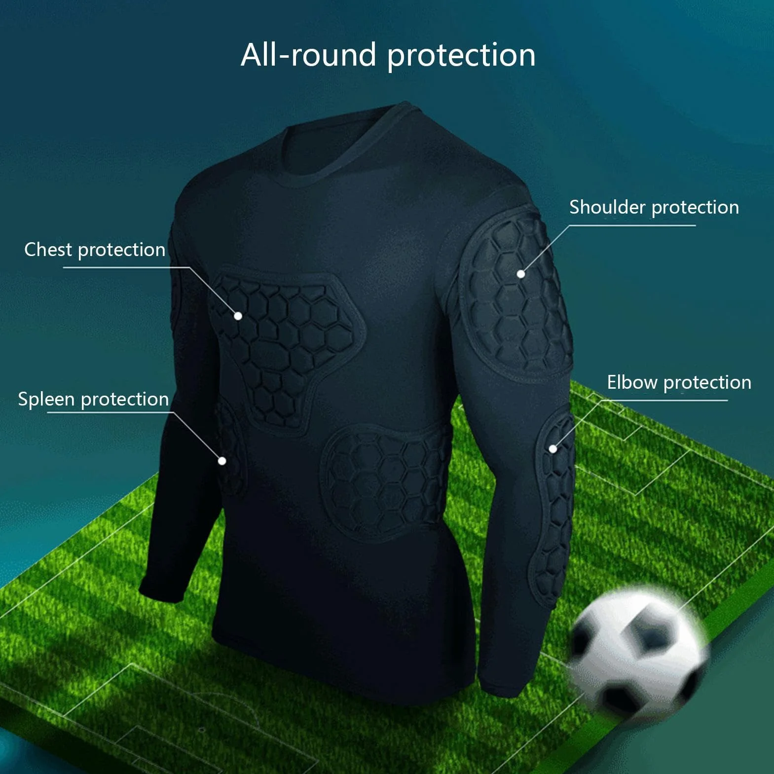 Teksome Maglia a compressione imbottita da calcio, maglia da portiere, nera, a maniche lunghe, per calcio, basket, paintball, rugby, parkour, calcio