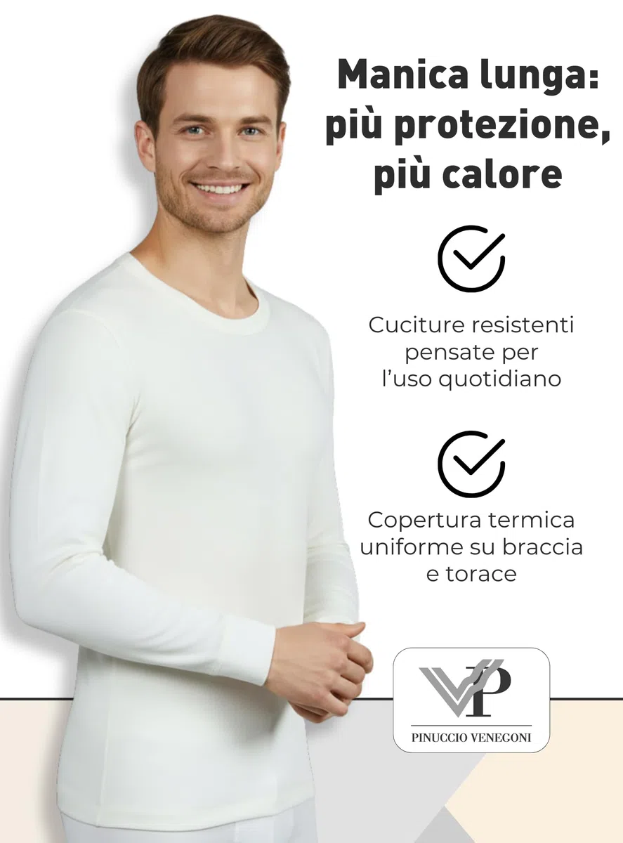 VP PINUCCIO VENEGONI Set 2 Magliette Uomo Lana e Cotone 100% Manica Lunga Termica Bianca