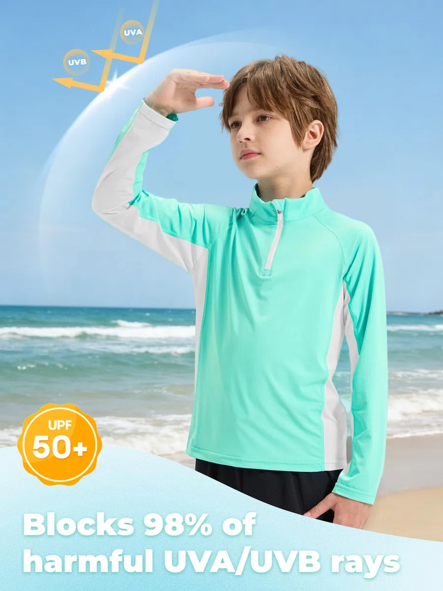Rolanko Maglietta da Bagno a Maniche Lunghe con Protezione UV per Ragazzi, Cerniera a 1/4 Rash Guard per Bambini
