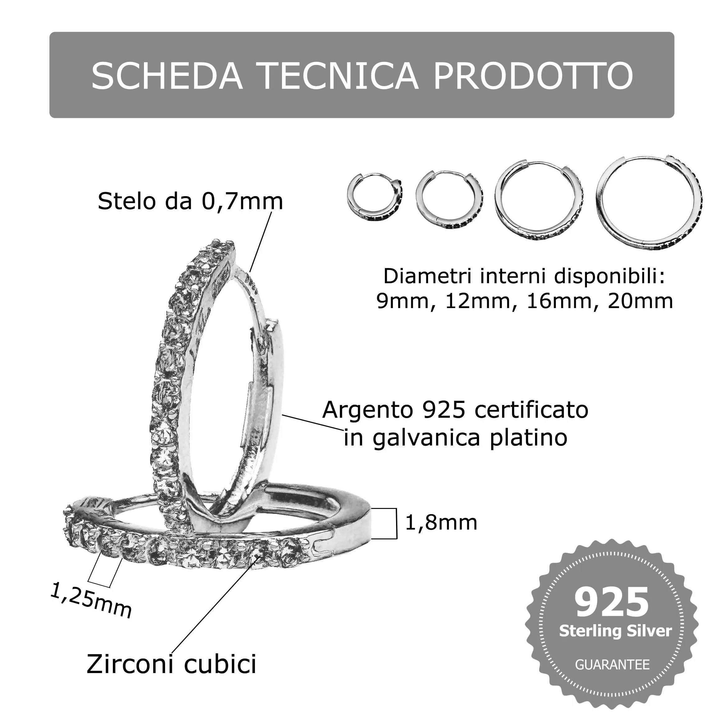 Coppia di Orecchini a Cerchio Blu cerchietti strass in argento 925 rodiato - Hoops Collection