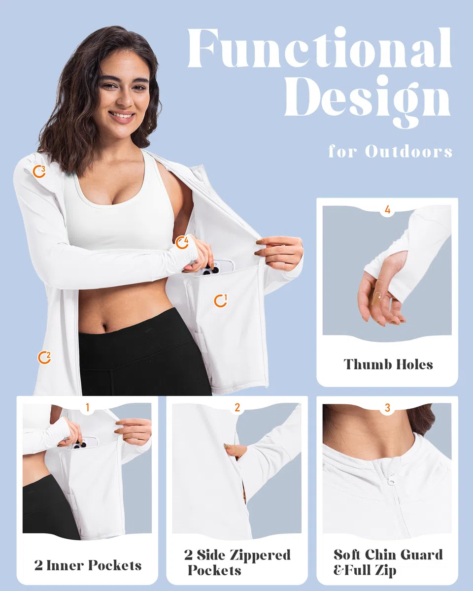 33,000ft Giacca da corsa leggera da donna, UPF 50+, con cappuccio Full Zip, con foro per il pollice, traspirante, con 4 tasche, per corsa, fitness