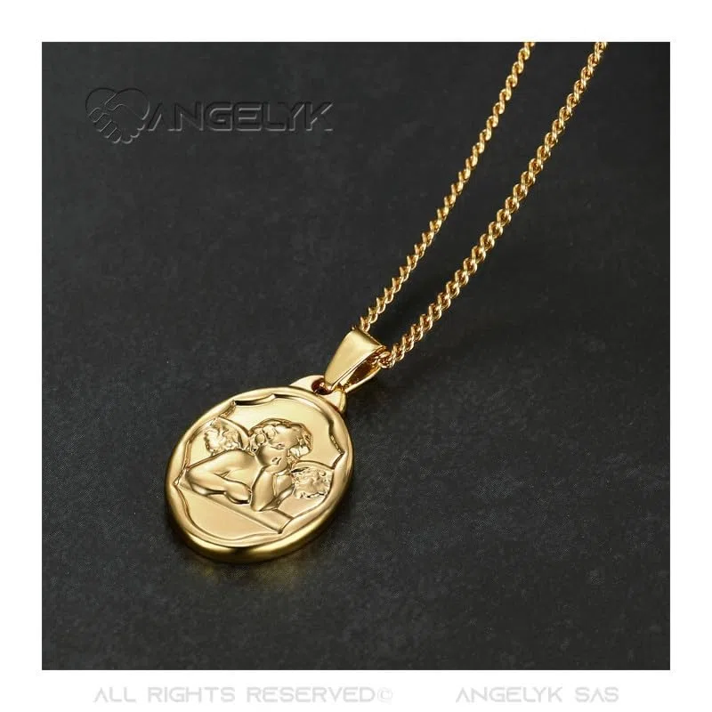 BOBIJOO JEWELRY - Ciondolo Medaglia Angelo Custode Gabriel Battesimo, Nascita Bambino Baby Acciaio Oro Placcato Oro Catena