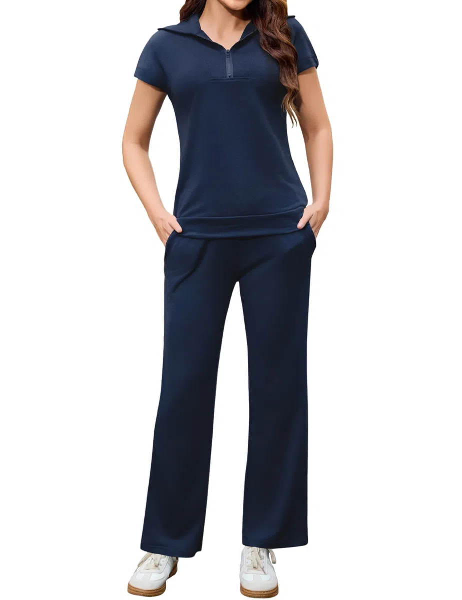 Aottori Tuta Sportiva Donna Completa Due Pezzi Casual Tuta da Ginnastica Estiva T-Shirt Manica Corta e Pantaloni con Tasche e Coulisse Pigiama Set per Jogging Training Casa Fitness