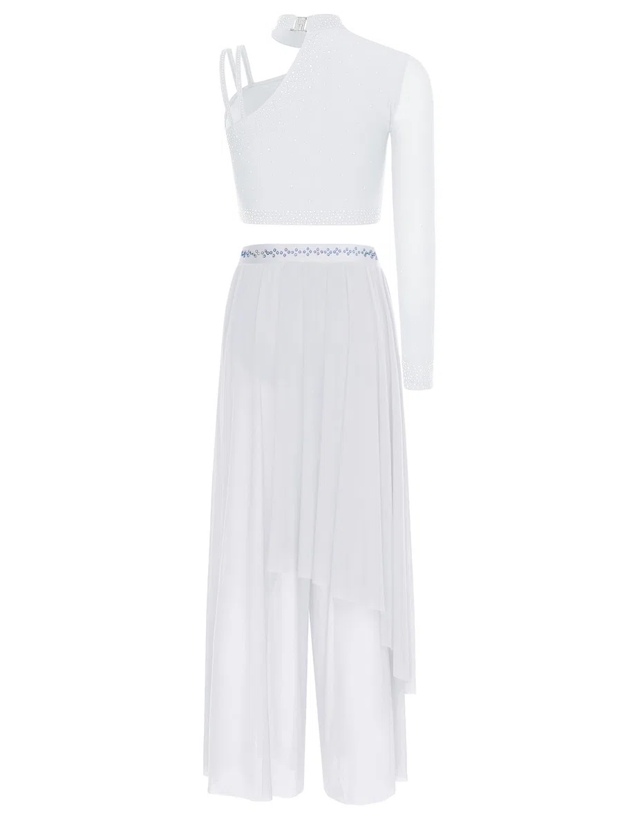 MSemis Vestito da Ballo Lirico Contemporaneo Donna Maxi Abito da Pattinaggio Artistico Crop Top da Ginnastica Monospalla + Pantaloni Larghi Costume Danza Classica Ballerina