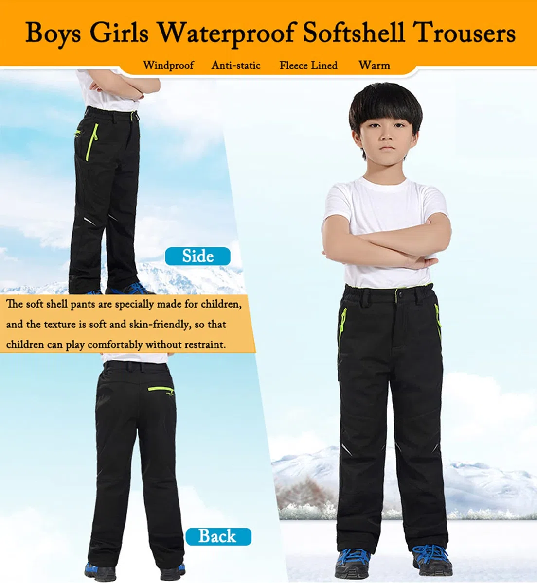 Pantaloni impermeabili per bambini Softshell Pantaloni con foderato in pile Ragazzi Ragazze Outdoor Trekking Pantaloni per Inverno Sciare Vacanze & Snowboard