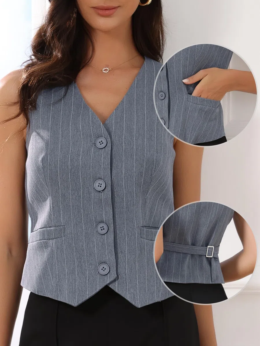 Allegra K Gilet Blazer Donna a Righe con Scollo a V e Bottoni Elegante e Completamente Foderato