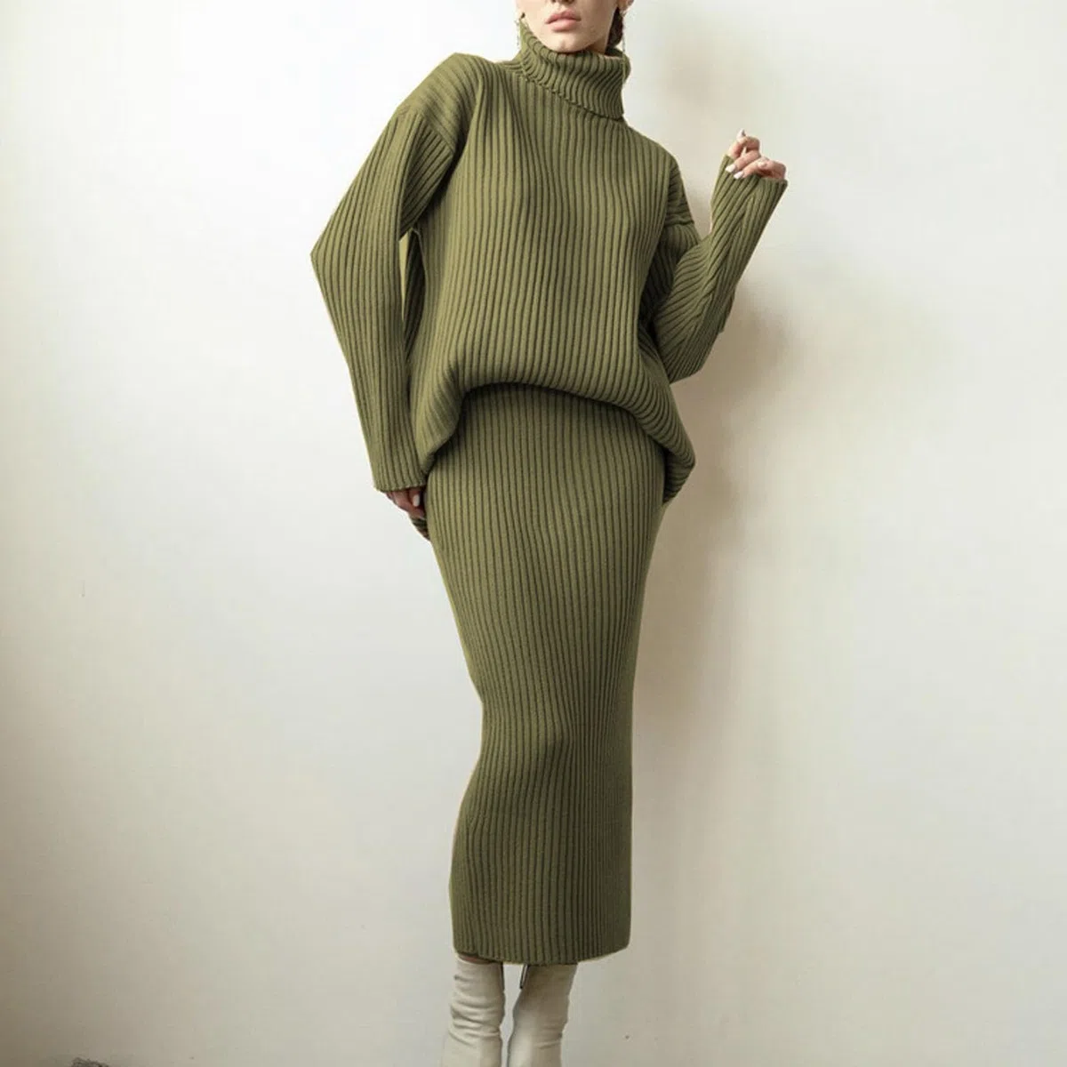 Maglione Due Pezzi da Donna Set Gonna Lavorata A Maglia Top A Coste 2 Pezzi Gonne Abiti Aderenti Gonna Midi Maniche Lunghe Set Maglione Lavorato A Maglia Completo per Il Tempo Libero