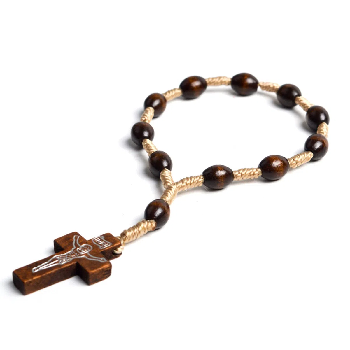 Bracciale Rosario Cattolico con Pendente Rosario Perline Legno Battesimo Comunione Dito