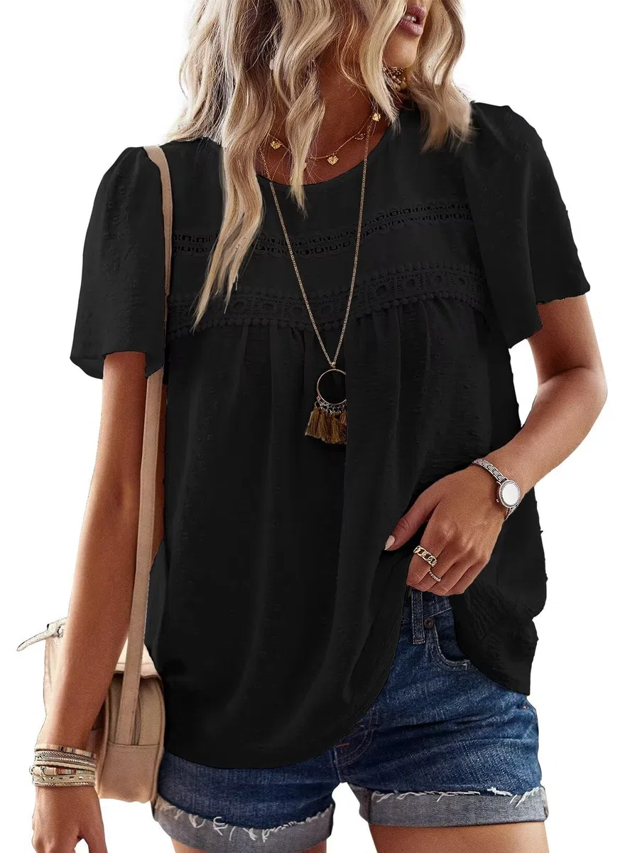 T-Shirt da Donna Pizzo Manica Corta Magliette con Scollo Estive Camicia Casual Abbigliamento Boho Top Maglie Tunica