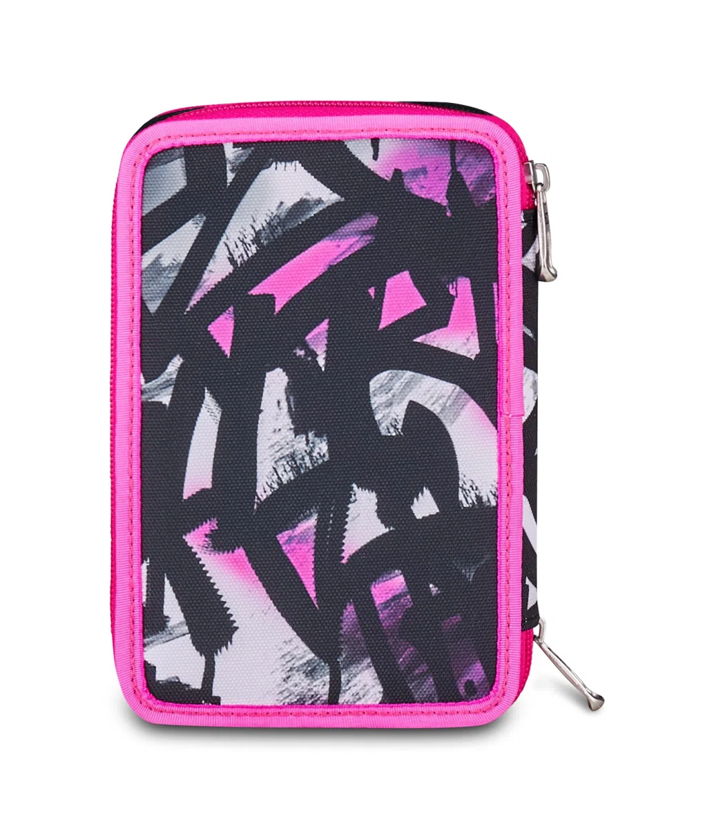 Seven Astuccio Scuola Elementare, 3 scomparti, Medie, con Matite, Pennarelli, Penne, 3 Zip, Starnova, Bambina e Ragazza, nero/fucsia