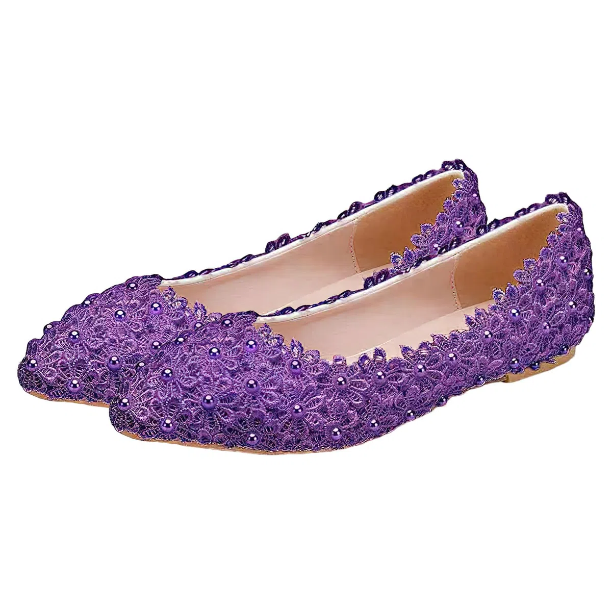 Donna Elegante Fiore Pizzo Perle Scarpe da Sposa Pumps Suola Morbida Ballerine a Punta