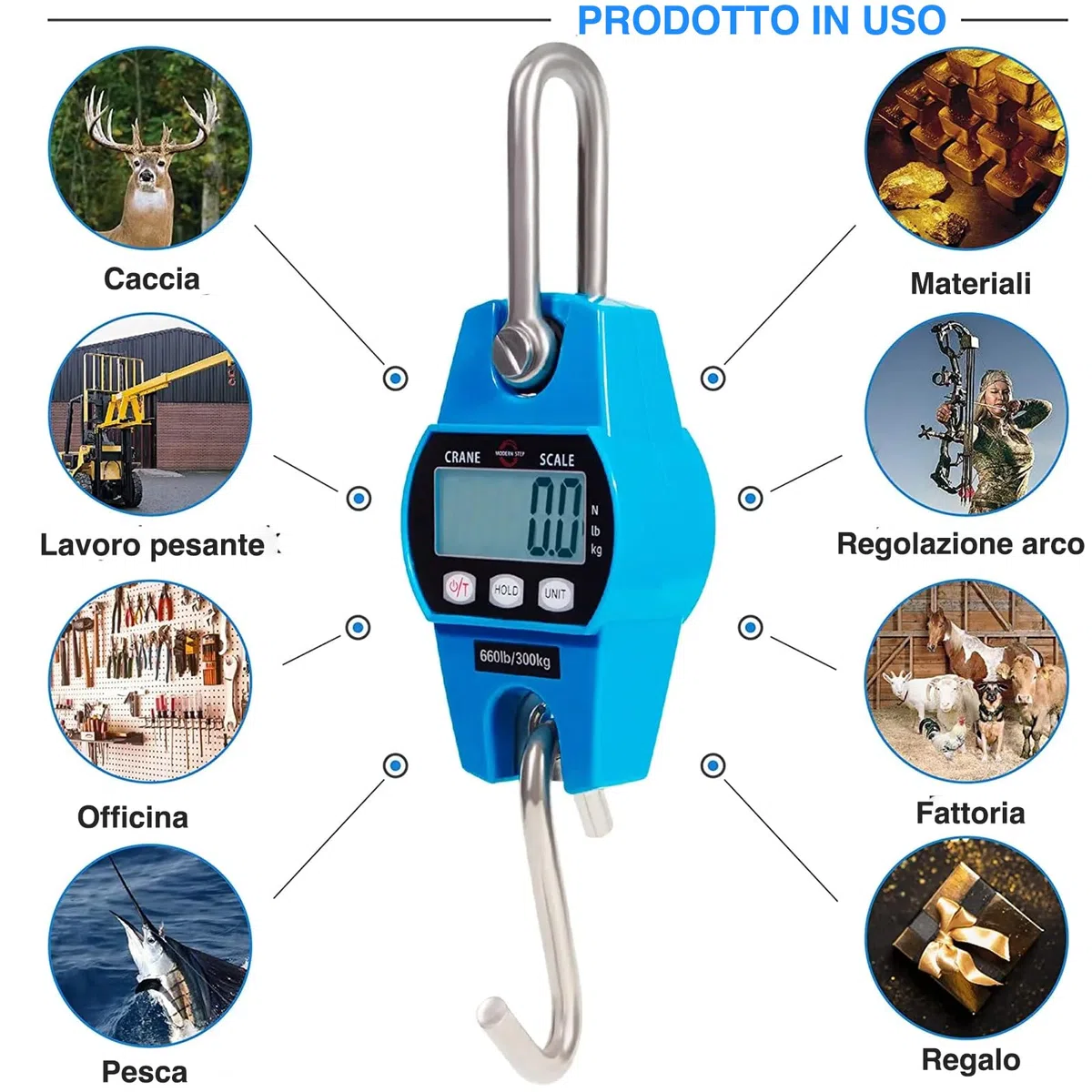 Voltix Portatile Bilancia Digitale da Appendere per Impieghi Gravosi, 300kg 600 lb Mini Bilancia a Sospensione con Display LCD e Batterie Incluse (Blu)